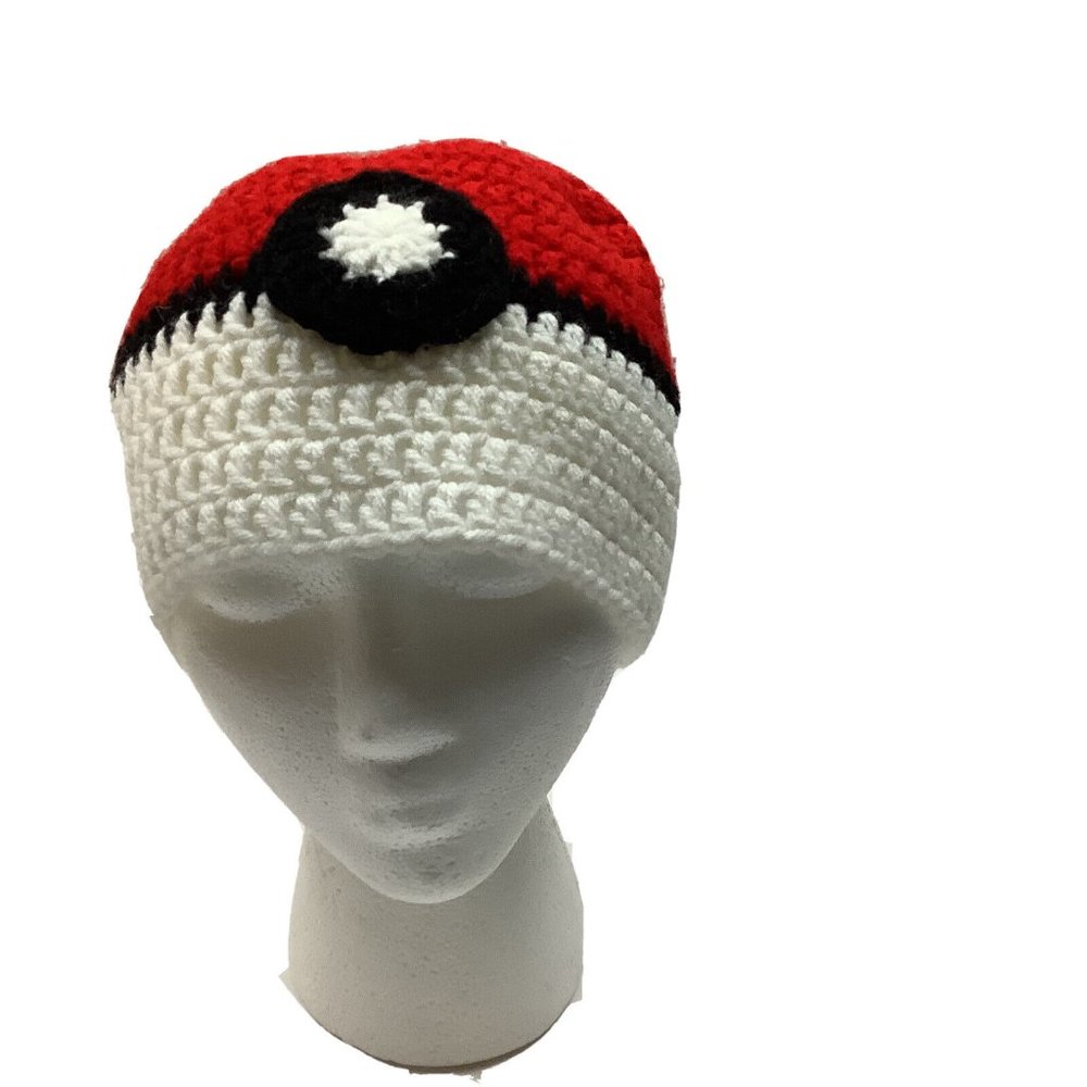Pokemon Pokeball Crocheted Knit Hat Beanie Cap Adult Size Red Black & White